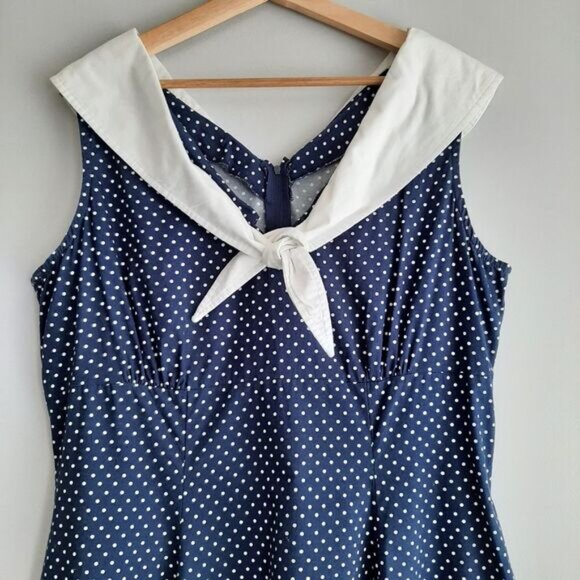 Navy Polka Dot Midi Dress with White Collar - Picture 3 of 16